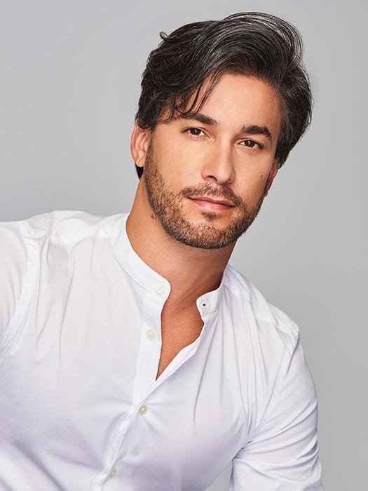 Gallant HIM wig for men by HairUWear dark salt and pepper wavy short style on model with beard