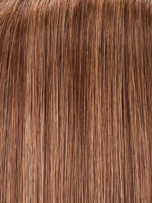 Close-up view of smooth, silky strands of the Gwyneth Jon Renau wig in rich brown tones
