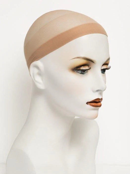 Breathable nylon wig cap in nude color shown on a mannequin for comfortable wig wear