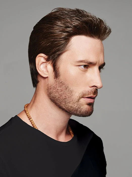 HairUWear men's natural look wig in medium brown on male model with short styled hair and stubble