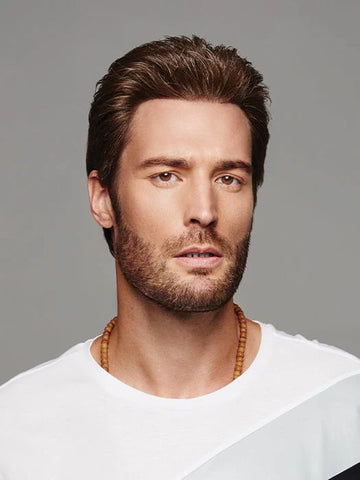 HairUWear men's natural look wig in medium brown on male model with short styled hair and trimmed beard