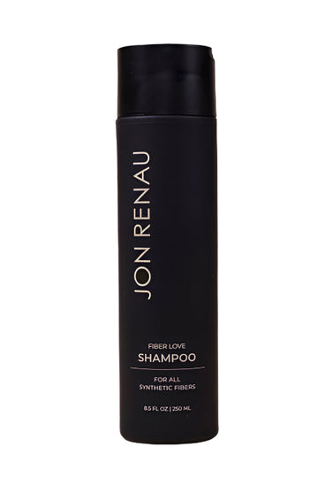 Jon Renau Fiber Love wig shampoo in a sleek black bottle for all synthetic fibers