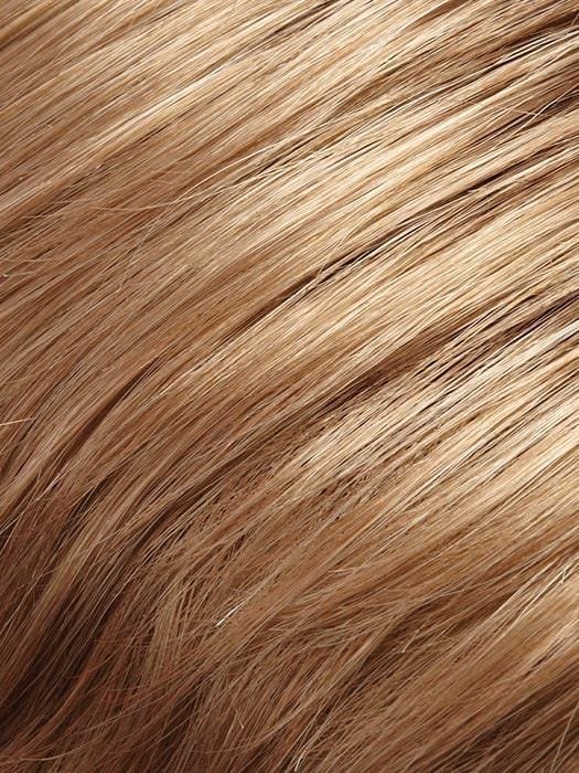 Close up texture of golden blonde Jon Renau Ashley Petite wig showing smooth straight natural looking fibers