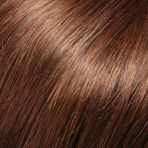 Close-up of silky strands of Jon Renau Lea wig showing natural shine and rich brown color