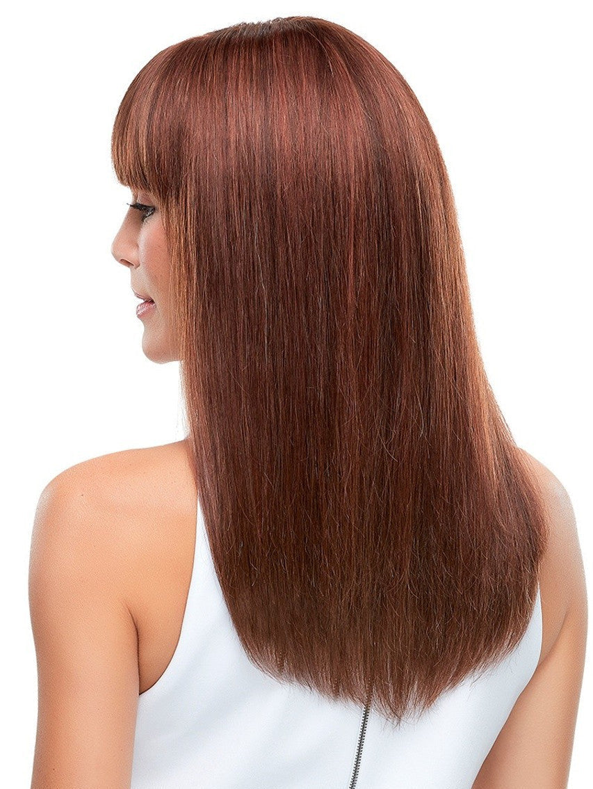 Long sleek Jon Renau Lea wig in rich auburn color with stylish bangs