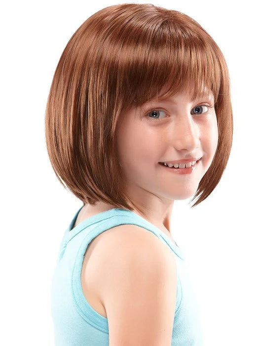 First Lady Products childrens bob wig with bangs light brown on smiling girl for costumes and everyday wear
