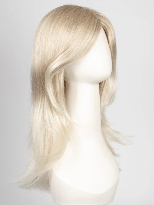 Brandi Amore wig long layered platinum blonde synthetic hair with side swept bangs on mannequin