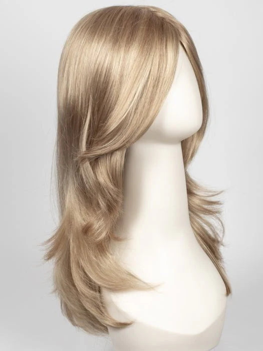 Brandi Amore wig long layered ash blonde with side bangs on mannequin head soft silky finish