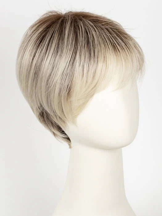 Layered short blonde synthetic wig with natural dark roots and side swept bangs displayed on mannequin head