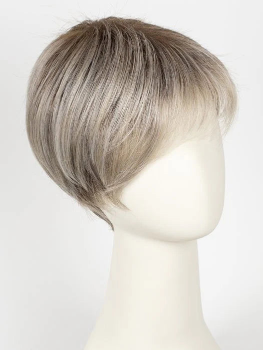 short blonde synthetic wig layered pixie cut with side swept bangs on mannequin for everyday wear