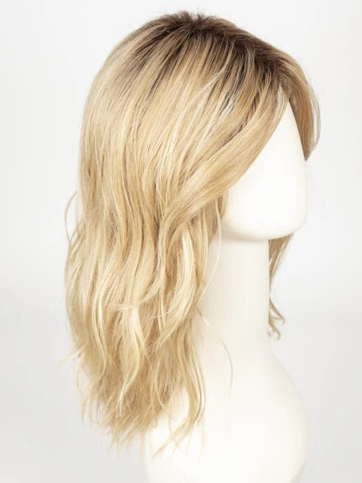 Stylish medium length synthetic wig with soft waves in blonde tones for a natural look