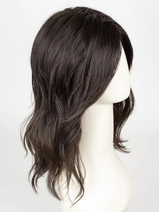 Medium length synthetic wig in dark brown with soft waves for a natural look