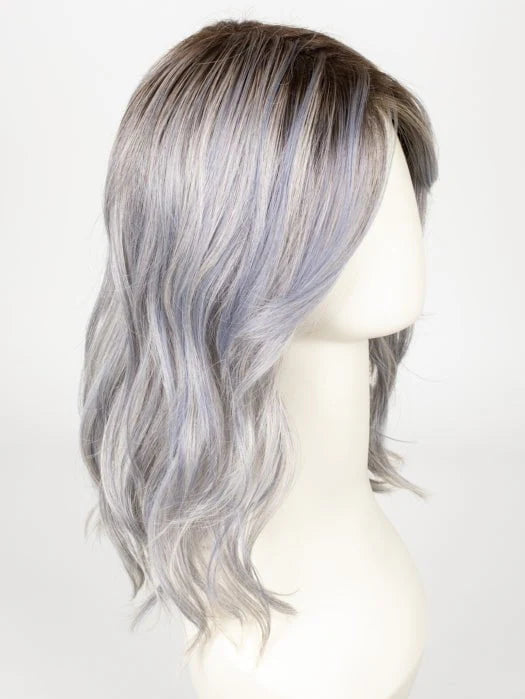 Stylish medium length synthetic wig in silver and lavender tones with soft waves