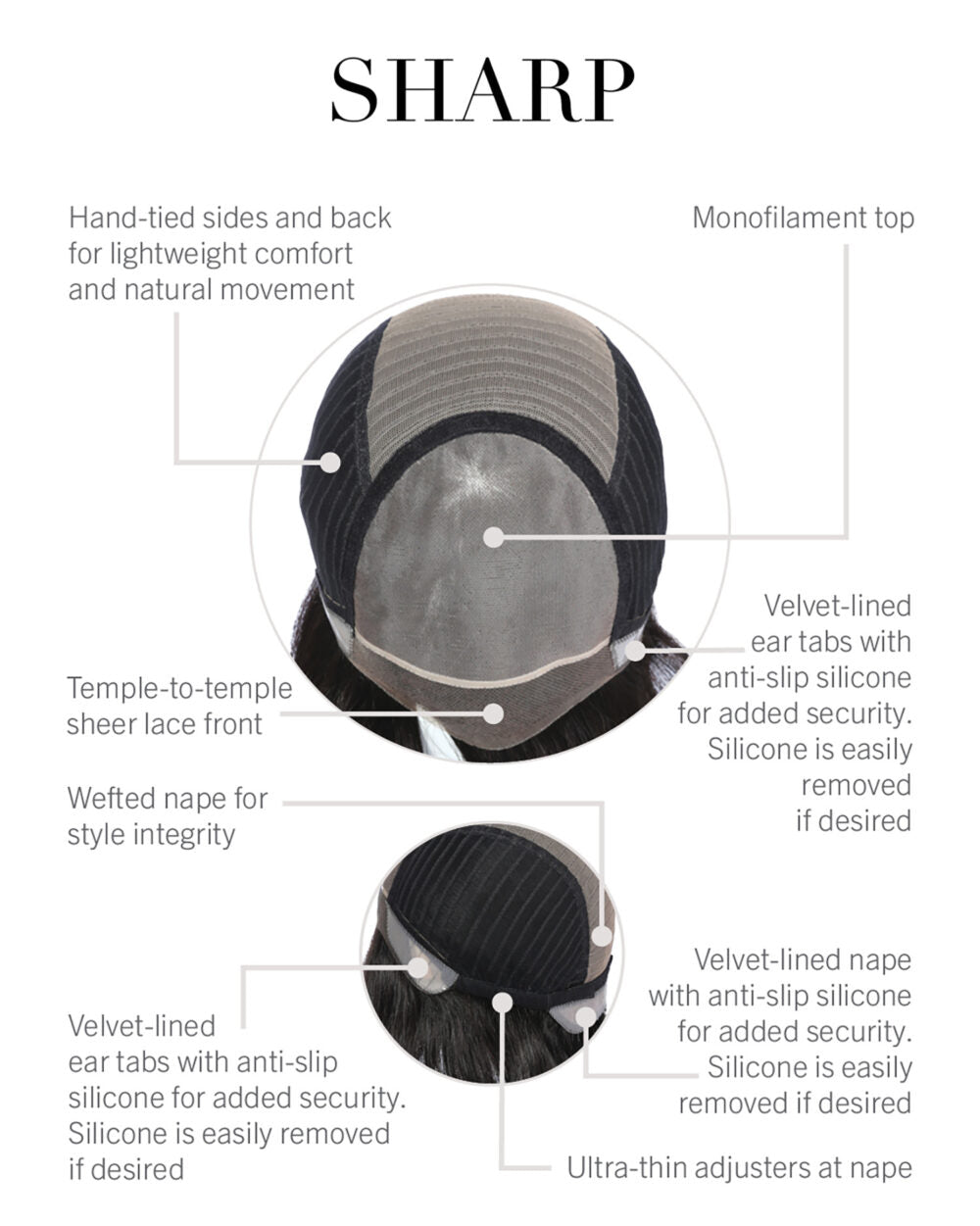 Sharp HIM wig for men monofilament top lace front velvet ear tabs hand tied sides and adjustable nape