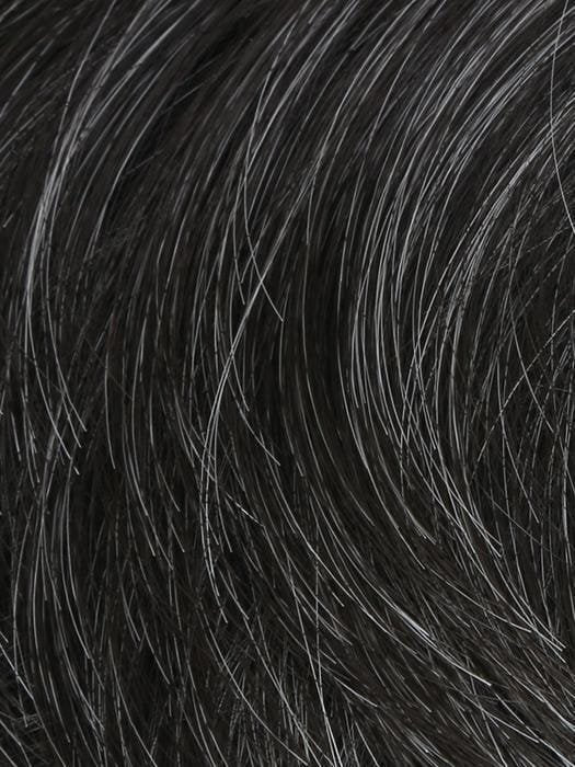 Close up of HairUWear Sharp HIM wig for men in salt and pepper dark brown with gray highlights