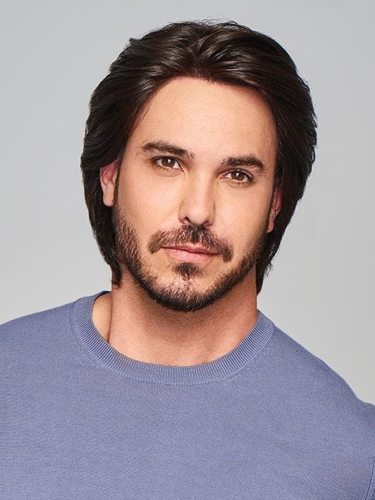 HairUWear Sharp HIM wig for men on model with dark brown textured layers and natural hairline