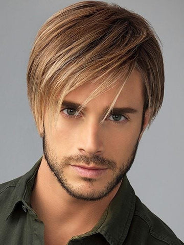 HairUWear men's chiseled wig short layered blonde brown with side swept bangs and natural hairline