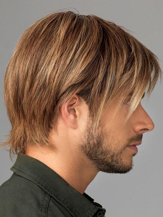 HairUWear men's chiseled wig highlighted brown layered cut side profile with natural texture