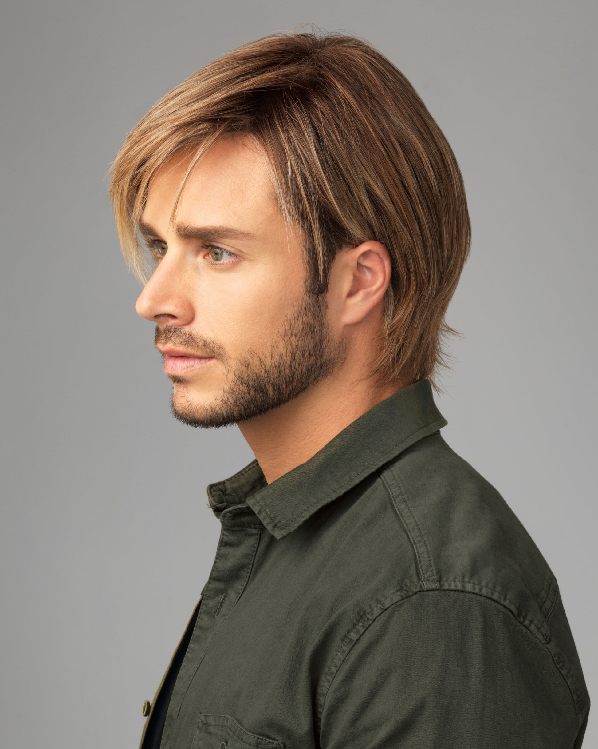 HairUWear men's chiseled wig medium brown layered cut with natural hairline on male model