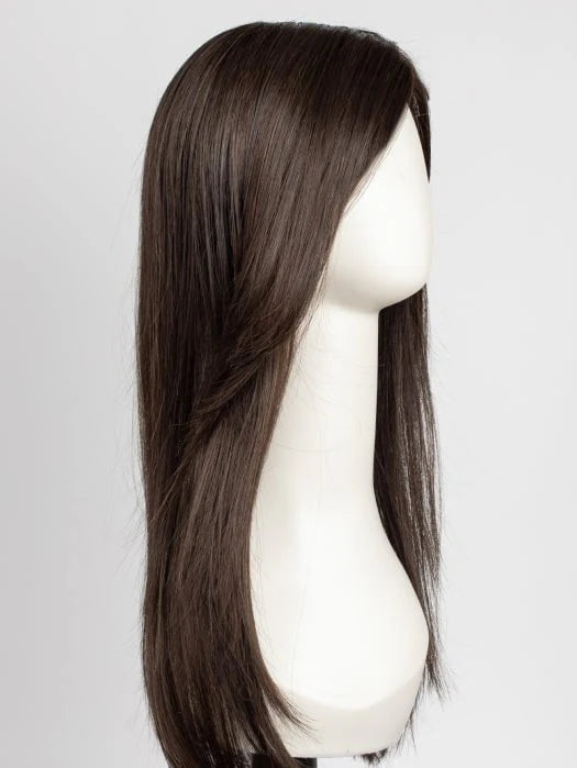 Side view of a sleek medium brown premium synthetic wig for women with long straight hair