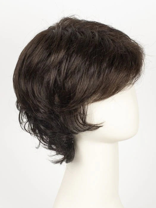 Short layered synthetic wigs for women featuring a stylish, textured bob hairstyle in dark brown