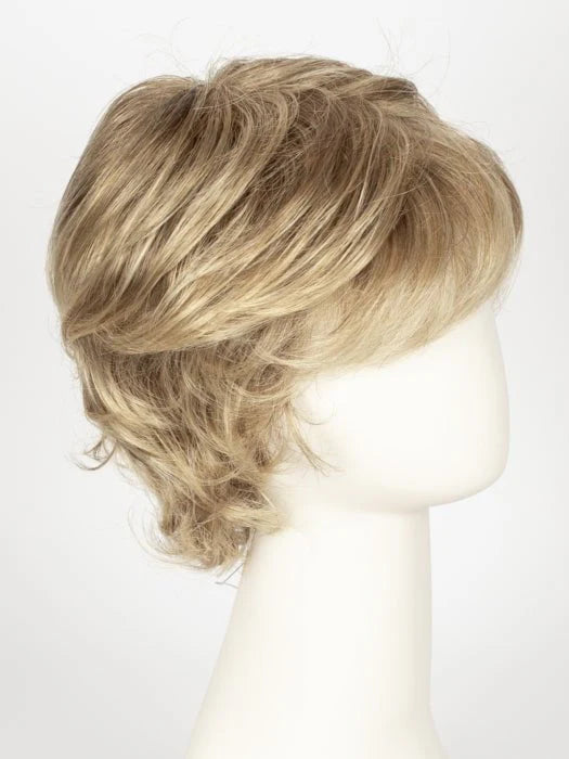 Short layered synthetic wigs for women in light blonde color with soft, wavy texture.