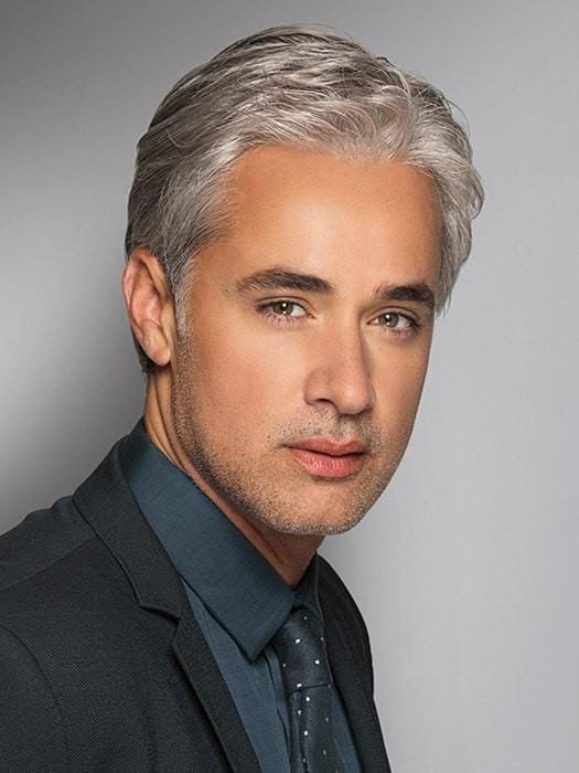 HairUWear men's classic wig in silver gray styled short layered side part on male model