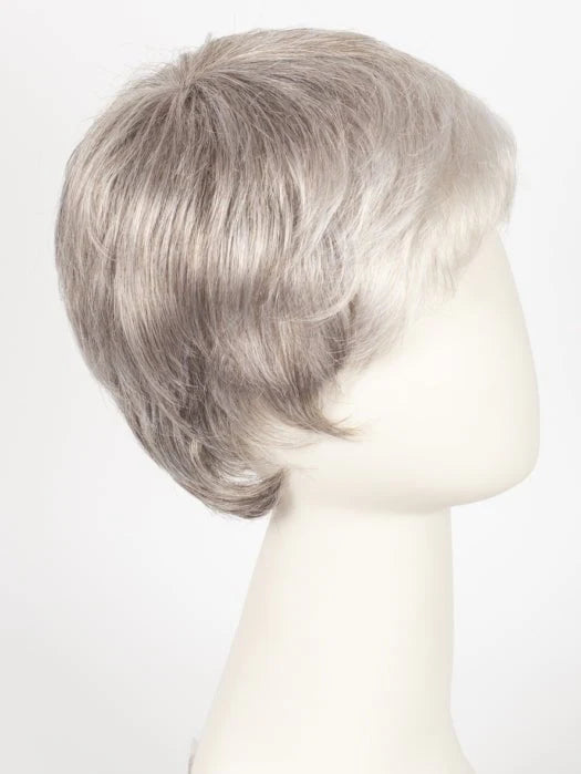 Ellen Wille Risk wig short silver ash layered pixie style on mannequin with natural root shading and smooth texture