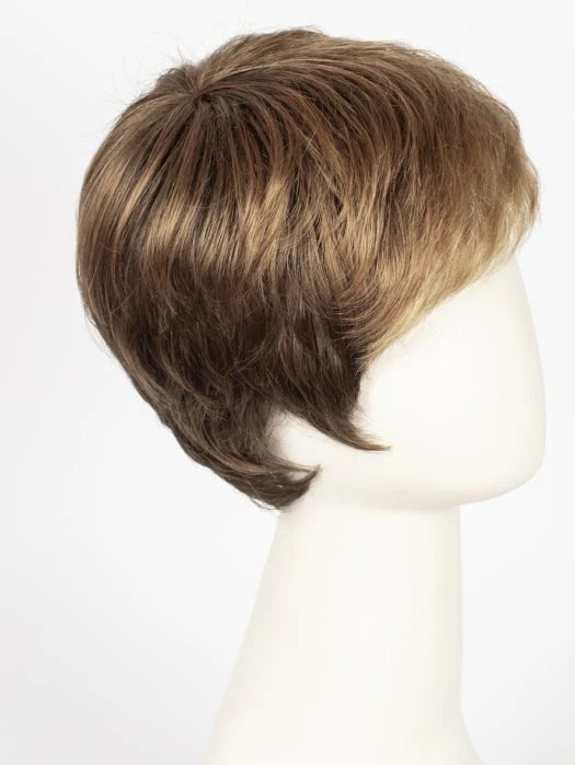 Ellen Wille Risk wig short layered pixie in natural light brown with side swept bangs on mannequin head
