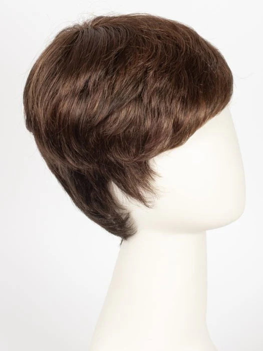 Short brown layered synthetic Ellen Wille Risk wig on white mannequin head side profile for natural everyday wear