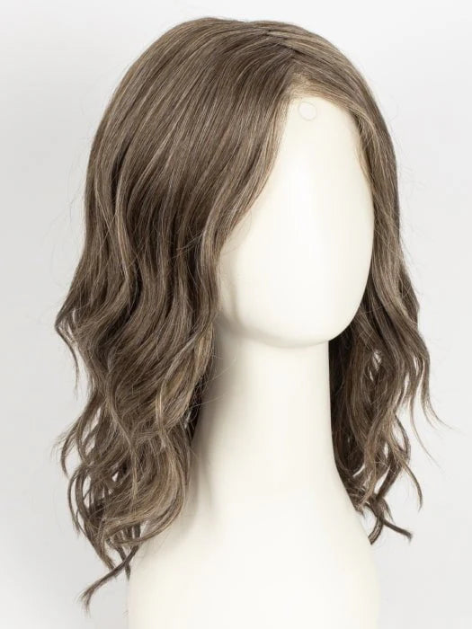 HairUWear Admirable HIM wig for men. Ash brown shoulder length wavy wig with side part on mannequin head