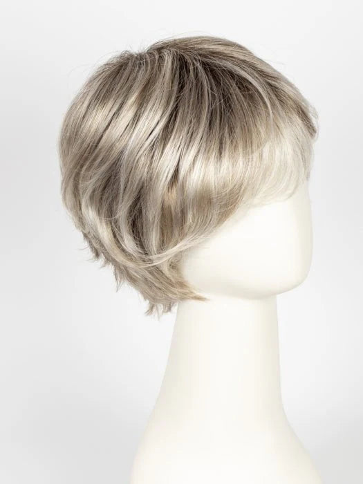 Ellen Wille Raise wig. Short layered ash blonde synthetic wig with soft side swept bangs on mannequin