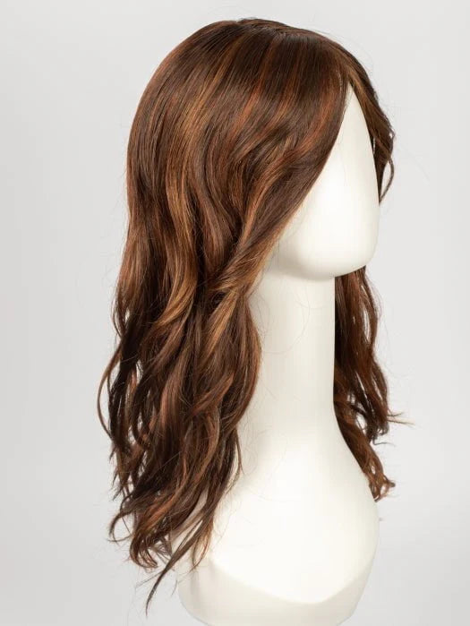 Ellen Wille Arrow lace front wig in chestnut brown with soft layered waves and natural side part on mannequin