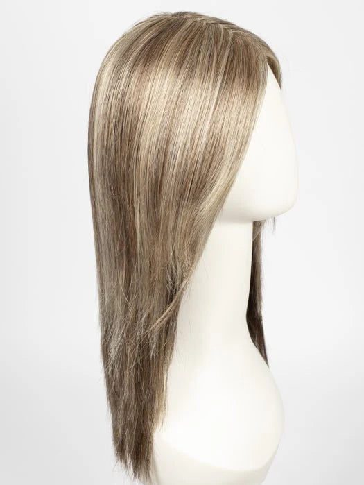 Side profile of mannequin wearing a natural looking blonde wig straight shoulder length layered hair