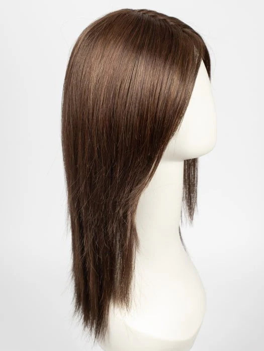natural looking blonde wig styled straight midlength shown in dark brown on white mannequin head for everyday wear