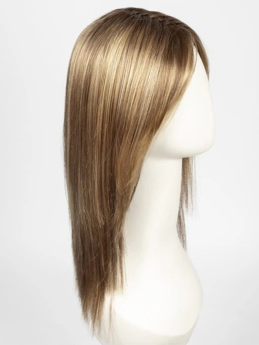 Side profile of mannequin wearing a natural looking blonde wig straight layered shoulder length with subtle highlights