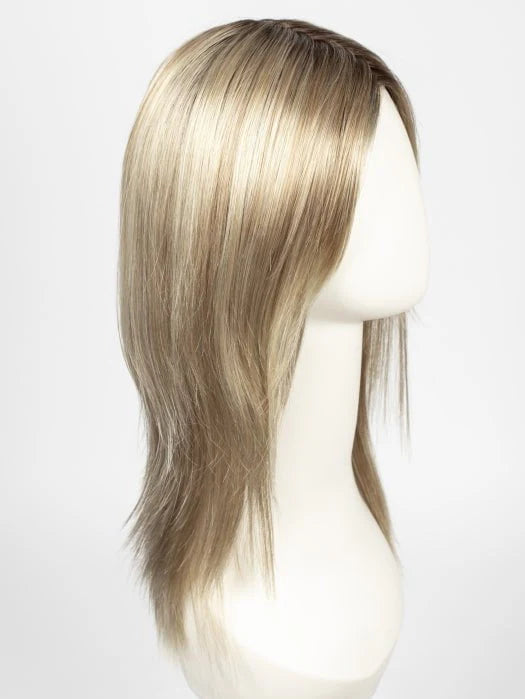 Side profile mannequin wearing a natural looking blonde wig medium length layered straight hair