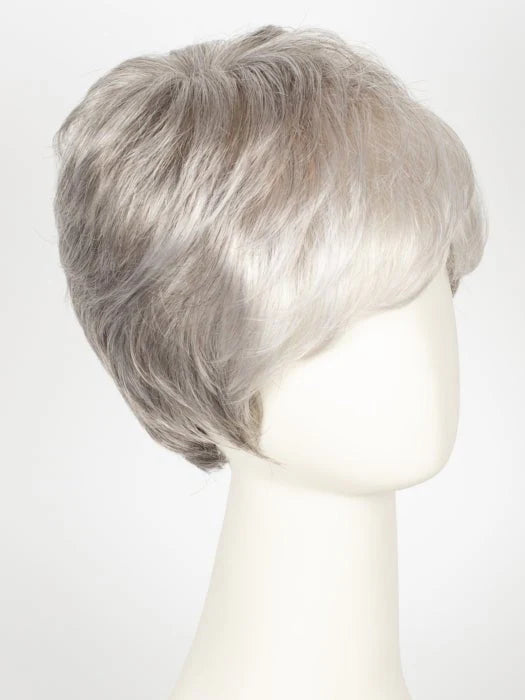 Elegant short pixie cut wig for women in silver tones on a mannequin head